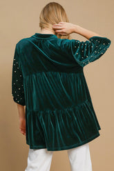 Umgee Pearl Detail Velvet Babydoll Blouse – Chic Half Sleeves & Elegant Style